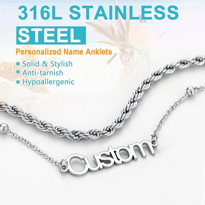 U7 Custom Layered Ankle Bracelets for Women Stainless Steel Bead/Cuban/Figaro/Rope/Wheat Chain Anklet Waterproof Anklet Jewelry for Beach Vacation
