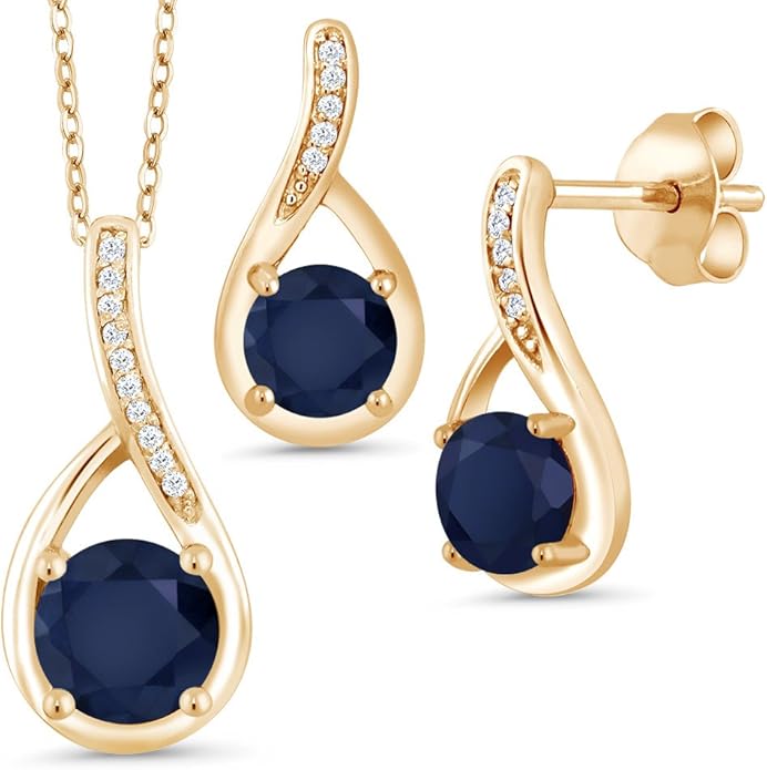 Gem Stone King 18K Yellow Gold Plated Silver Round Gemstone Birthstone and Diamond Pendant Earrings Jewelry Set For Women | Round 6MM and 5MM | With 18 Inch Chain