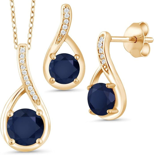 Gem Stone King 18K Yellow Gold Plated Silver Round Gemstone Birthstone and Diamond Pendant Earrings Jewelry Set For Women | Round 6MM and 5MM | With 18 Inch Chain