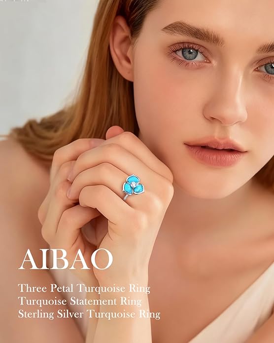 AIBAO Flower Gemstone Rings for Women Three Pental Turquoise/Malachite/Mother of Pearl Flower Ring with Cubic Zirconia Center Sterling Silver Statement Rings Size 6 to 10