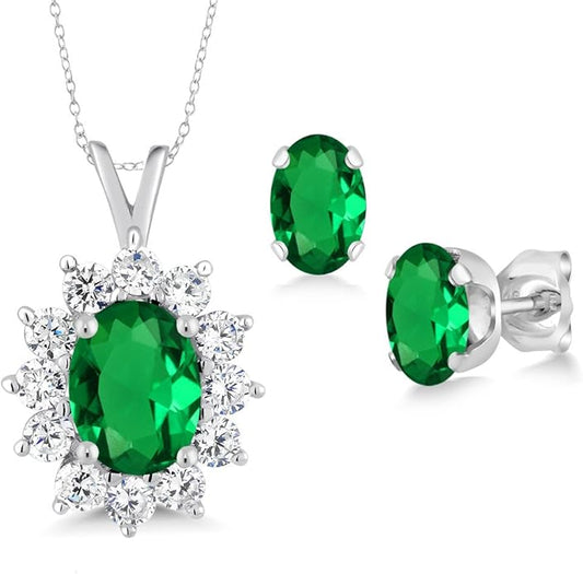 Gem Stone King 8X6MM and 6X4MM Oval Gemstone Birthstone Pendant and Earrings Jewelry Set For Women | 925 Sterling Silver | Fine Jewelry Gifts for Her Mom Women Wife | With 18 Inch Chain