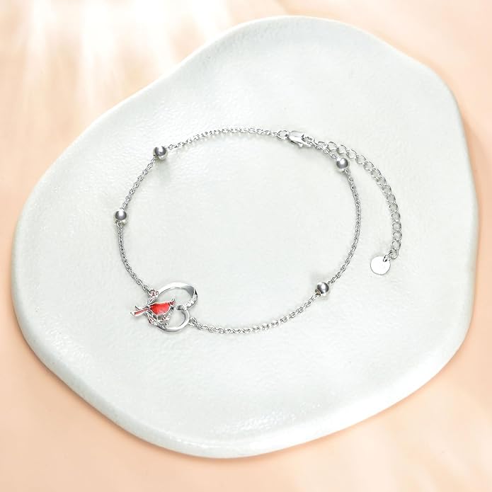 Red Cardinal Bracelet with Diamond 925 Sterling Silver Cardinal Bracelet for Women Cardinal Jewelry Gift for Her Anniversary Birthday Christmas