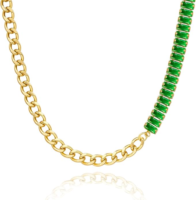 KissYan Diamond Tennis Necklace for Women, 14K/White Gold Plated Cubic Zirconia Baguette Tennis Chain Chunky Paperclip Link Cuban Choker Necklace Dainty Jewelry Gifts