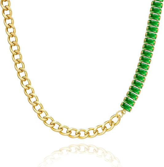 KissYan Diamond Tennis Necklace for Women, 14K/White Gold Plated Cubic Zirconia Baguette Tennis Chain Chunky Paperclip Link Cuban Choker Necklace Dainty Jewelry Gifts