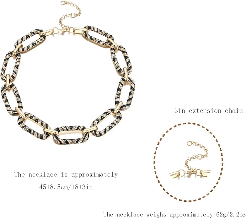 Chunky Chain Necklace Geometric Links Collar Necklace, Animal Prints Black and White Enamelled with Rhinestone Embellished Details Women Gifts
