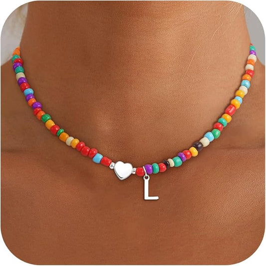 Colorful Initial Necklaces for Girls Women Kids - Teen Girls Gifts Trendy Stuff Beaded Initial Necklace Dainty Letter Choker Necklace for Girl Gifts Jewelry