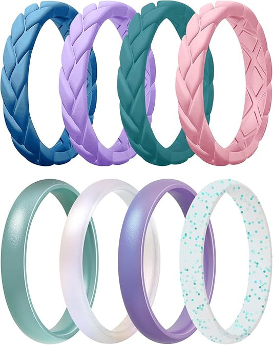 Egnaro Women's Silicone Stackable Rings 3.5mm Wide 2mm Thick, Rubber Flexible Hypoallergenic Wedding Bands For Workout Leaf Braided Fashion