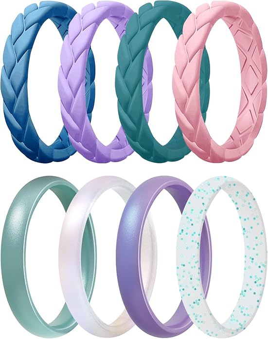 Egnaro Women's Silicone Stackable Rings 3.5mm Wide 2mm Thick, Rubber Flexible Hypoallergenic Wedding Bands For Workout Leaf Braided Fashion
