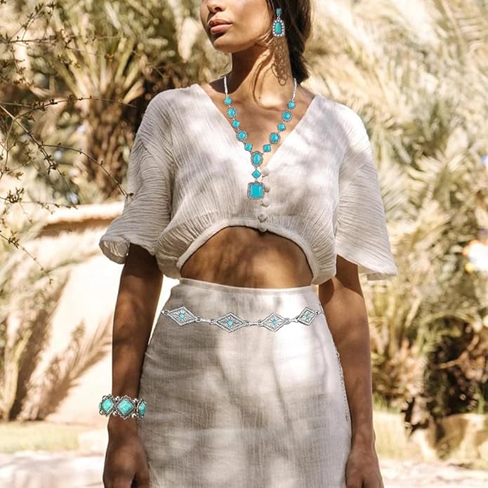 Bohemian Turquoise Necklace Set - Women's Western Jewelry with Long Choker, Pendant, Dangle Earrings, Layered Bracelets