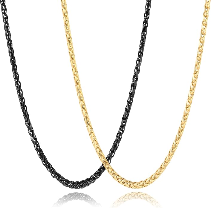 Garysiom 2 Pcs Chains for Men, 4mm Stainless Steel Silver Tone Gold or Black Wheat Necklace Chain for Men Women, 16, 20, 24, 28, 32 Inch