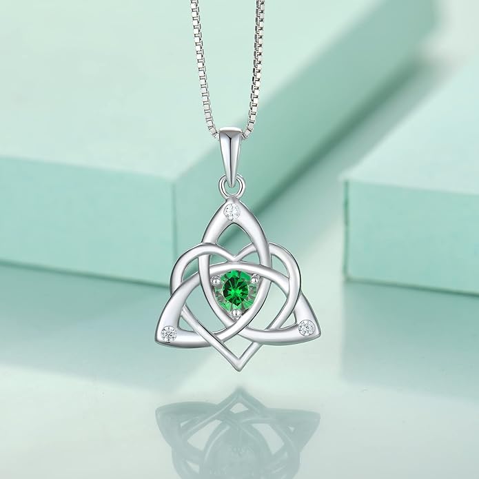 STARCHENIE Celtic Knot Necklace Earrings for Women 925 Sterling Silver Irish Love Knot Pendant May Birthstone Created Emerald Trinity Jewelry Set