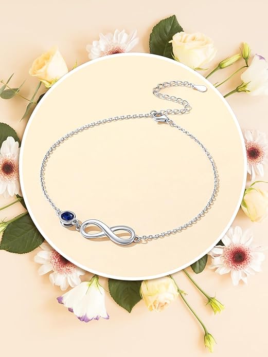Custom4U Personalized Infinity Ankle Bracelets for Women 925 Sterling Silver Anklet Bracelet Endless Love Symbol Birthstone Charm Adjustable Foot Chain Jewelry Mothers Day Gifts for Mom Wife Women Her
