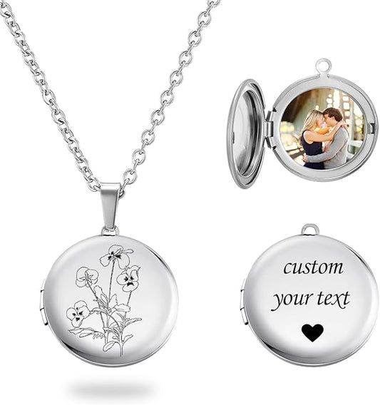PHOCKSIN Personalized Locket Necklace for Women Photo Necklace with Customized Picture Birth Flower Birthstone New Years Gifts for Women