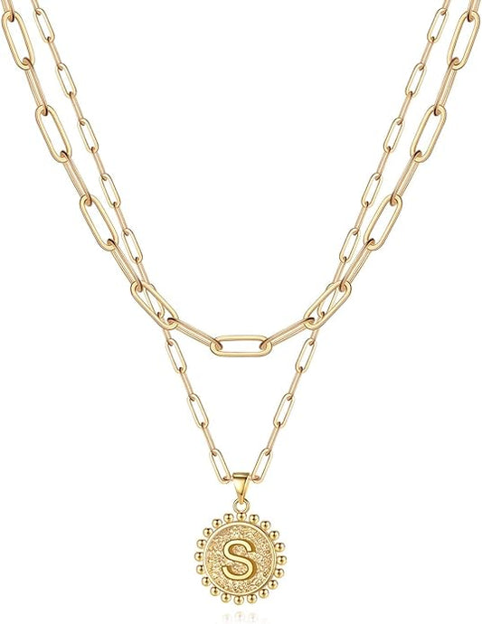 Yoosteel Gold Initial Necklaces for Women, 14K Gold Plated Dainty Layering Paperclip Link Chain Necklace Coin Initial Layered Necklaces for Women Personalized Birthday Gifts