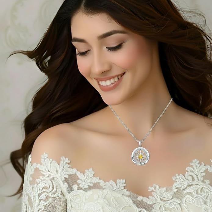 Compass Necklace for Women Wife Girlfriend Mom Daughter Gifts S925 Silver Jewelry For Anniversary Rose Gold Gifts For Birthday Christmas Mothers Valentines Day 12 Birthstones