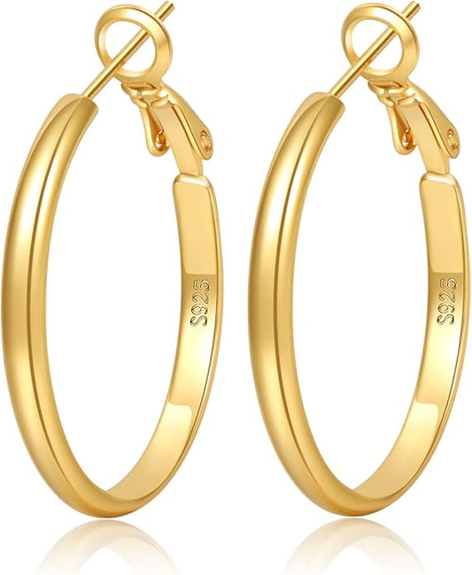 LOUMILEO 2mm Thin 925 Sterling Silver & 14k Gold Plated Hoop Earrings Large Silver Hoop Earrings Hypoallergenic Lightweight Hoops Earrings for Women 30/40/50/65MM