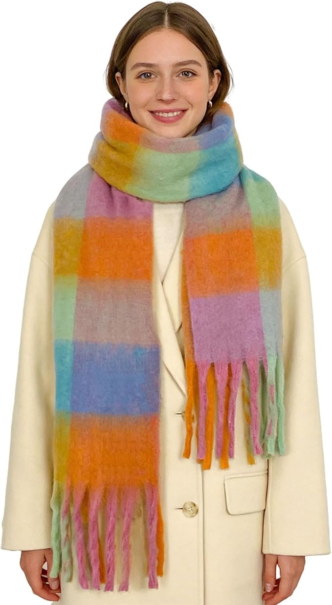 SHOHOKU Large Chunky Plaid Scarf Coloured Checked Oversized Scarf Tassel Soft Fall Winter Thick Warm Shawl Women