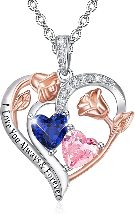 Zeuslia Double Birthstone Necklace Gifts for Wife - 925 Sterling Silver Sunflower/Rose/Crown Cross/Compass/Heart Pendant I Love You Necklace, Anniversary Birthday Gifts for Wife Girlfriend Mom Her