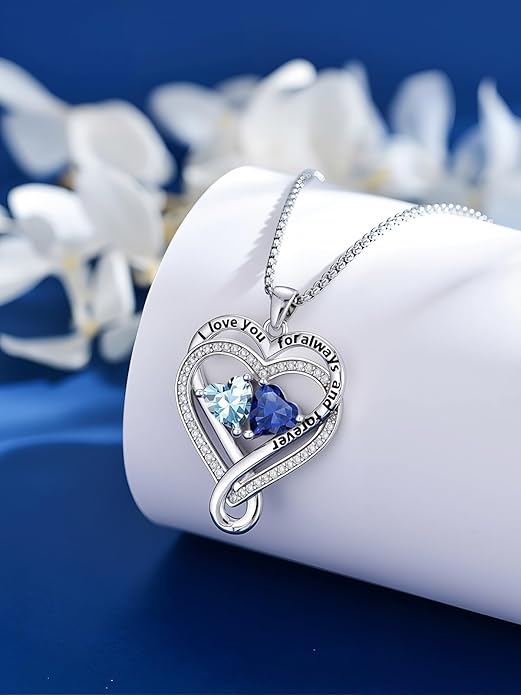 I Love You for Awlays and Forever Double Heart Necklace with Birthstone, 2 Birth Stone Jewelry Anniversary Valentines Mothers Day Christmas Birthday Gifts for Women Her Wife Girlfriend Mom Mother