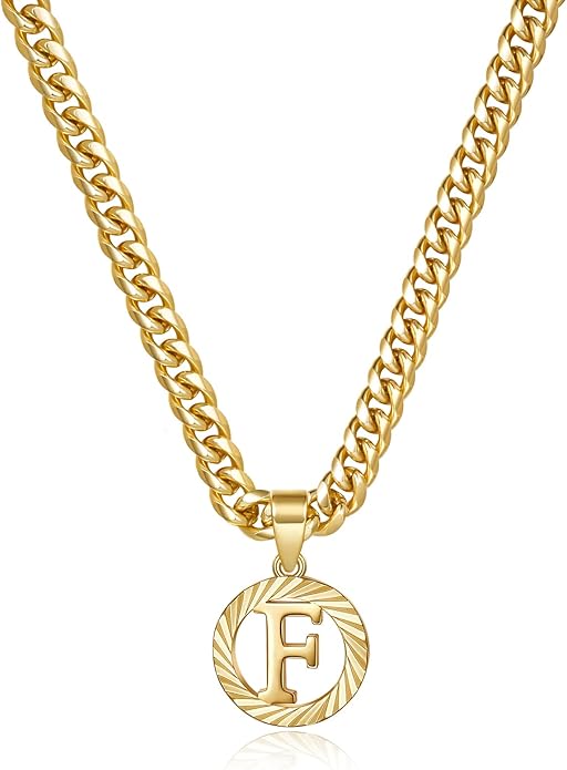 KissYan Gold Initial Necklace,14K Gold Plated Round Letter Pendant Hollow Capital Monogram 5mm Cuban Chain Necklace Alhpabets from A-Z Dainty Jewelry for Women Men
