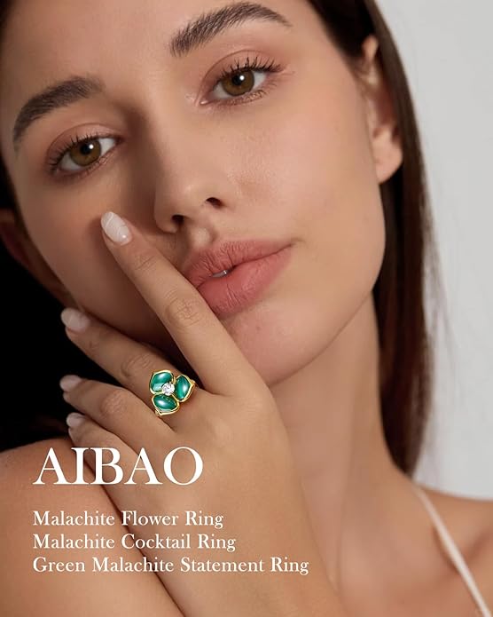 AIBAO Flower Gemstone Rings for Women Three Pental Turquoise/Malachite/Mother of Pearl Flower Ring with Cubic Zirconia Center Sterling Silver Statement Rings Size 6 to 10
