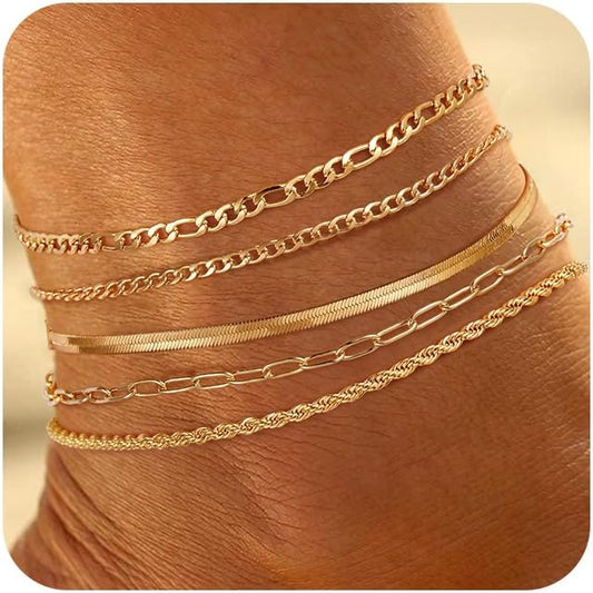 Ritach Ankle Bracelets for Women - Silver/Gold Plated Stainless Steel Anklets for Women Waterproof Layered Cuban Link Figaro Chain Heart Anklets Set Summer Beach Jewelry Gifts