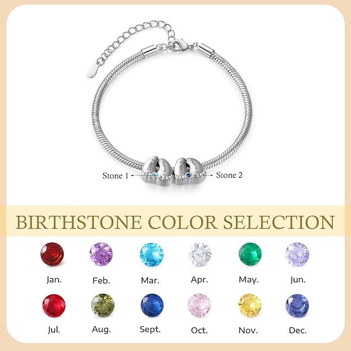 Jeweidea Personalized Foot Charm Birthstone Bracelet – Custom Engraved Bracelet with 1–5 Foot Charms, Name and Date Engraving, Meaningful Jewelry Gift for Mom Wife