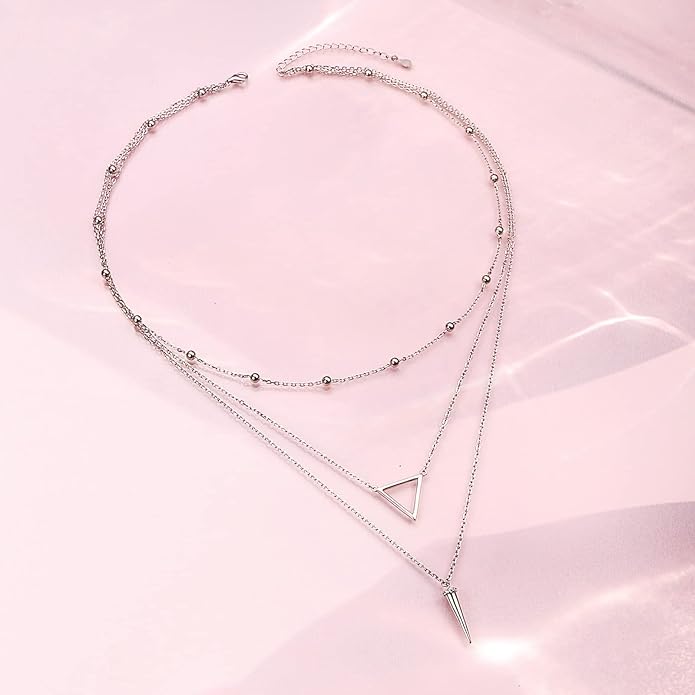 S925 Sterling Silver Layered Necklaces Multi 3 Layer Circle Bar Boho Long Triple Choker Pendant Necklace Jewerly Gift for Women