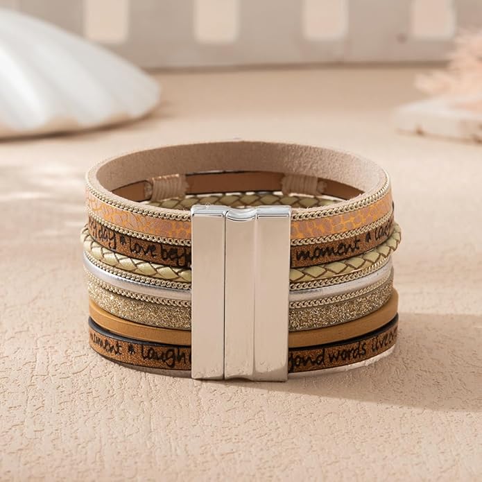 Rantanto Braid Leather Wrap Bracelet Trendy Stackable Crystal Cuff Boho Gold Heart Bracelet Jewelry Gift For Women
