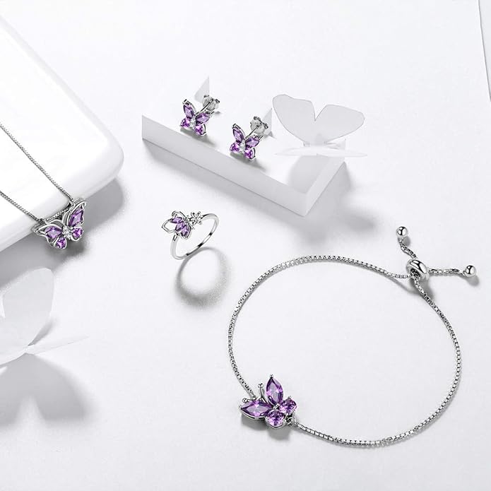 Aurora Tears Butterfly Jewelry,Women 925 Sterling Silver Butterflies Birthstone Pendant Necklace/Earrings/Rings Wedding Gift
