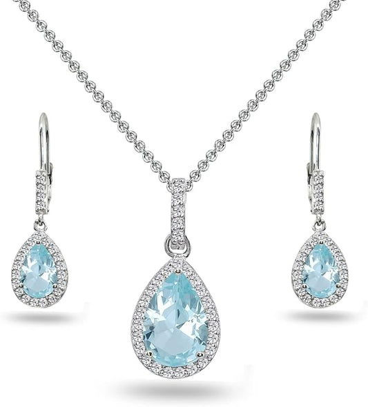 Jewelry Sets for Women, Necklace and Earring Sets for Women, Birthstone Jewelry, Genuine or Synthetic Gemstones, Teardrop Necklace and Dangle Earrings, Pendant Necklace, Sterling Silver Jewelry