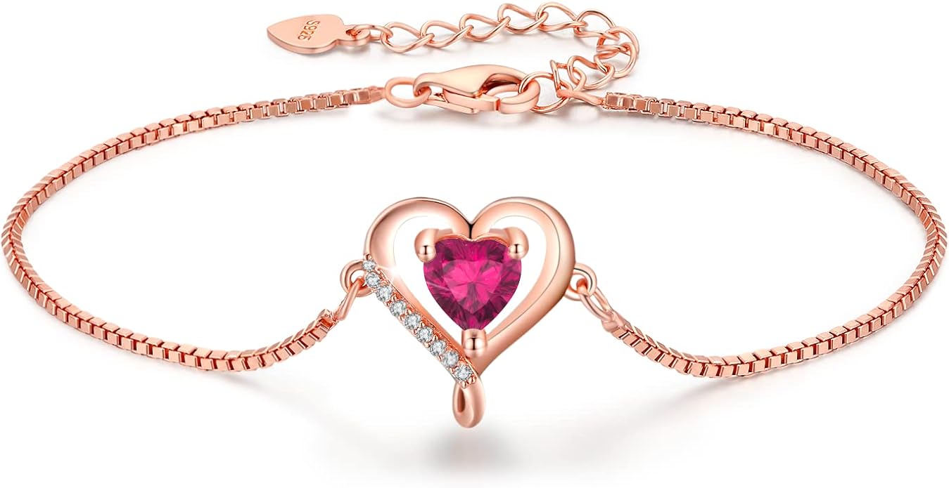 LAVUMO Love Heart Bracelets for Women 925 Silver Charm Birthstone Bracelet Adjustable Anniversary Birthday Jewelry Gifts for Women Girlfriend Wife Daughter Mom Her