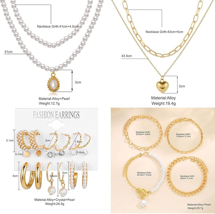 CONGYING 120PCS Gold Jewelry Sets For Women, With 7 Necklace,12 Bracelet,30pcs Hoop Earring,59pcs stud earrings and 12pcs cuff Ear Earrings Friendship for Happy Gifts
