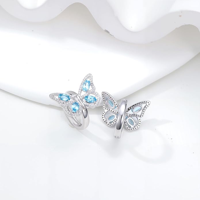 Natural Swiss Blue Topaz Butterfly Earrings 925 Sterling Silver Real Gemstone Birthstone Drop Earrings for Women Jewelry Gifts for Birthday
