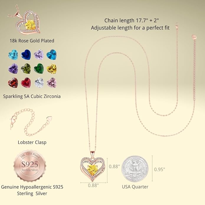 Birthstone Heart Necklace for Women Wife Girlfriend Mom Daughter Gifts S925 Silver Jewelry For Anniversary Rose Gold Gifts For Birthday Christmas Mothers Valentines Day