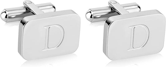 18K White-Gold Plated Initial Engraved Stainless Steel Men’s Cufflinks With Gift Box -Personalized Alphabet Letter’s A-Z By Lux & Pair