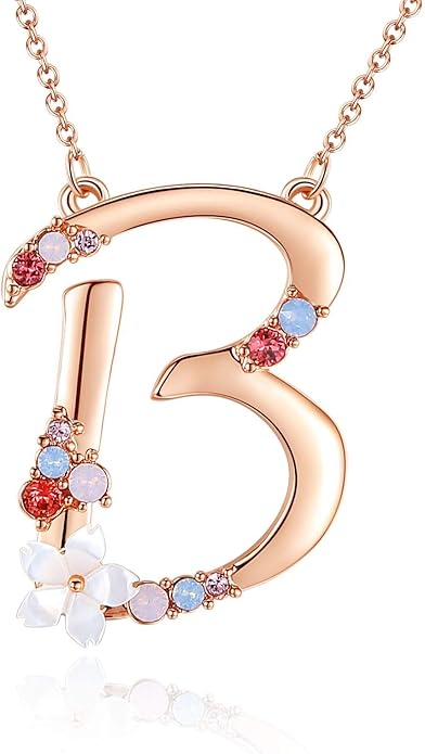 Flower Initial Letter Necklace Pink Red Blue Simulated Pearl Pendant Name Jewelry Made with Austrian Crystals Rose Gold Plated Anniversary Birthday Gifts for Women,18"+2"