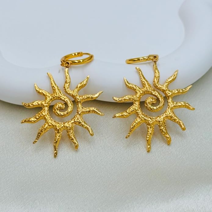 Sunburst Heart Dangle Hoop Earrings, 18K Gold Plated hypoallergenic Stainless Steel Cute Jewelry for Women daily Wear