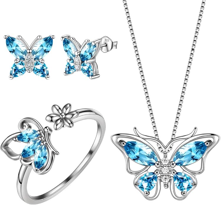 Aurora Tears Butterfly Jewelry,Women 925 Sterling Silver Butterflies Birthstone Pendant Necklace/Earrings/Rings Wedding Gift