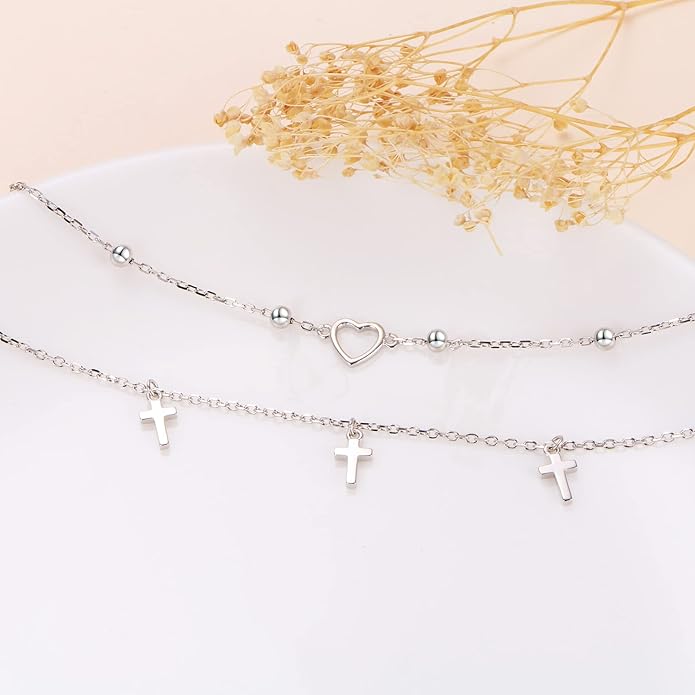 Anklet for Women S925 Sterling Silver Adjustable Foot Evil Eye Starfish Heart Bead Butterfly Celtic Knot Cross Multilayer Layered Ankle Bracelet Jewelry