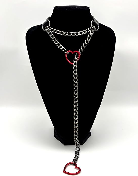 Black Leather Choker Collar For Women, Handmade Heart Slip Chain Choker Long Necklace with Adjustable Buckle