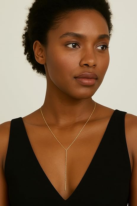 14K Gold Plated Y Necklace for Women – Dainty Lariat Long Pendant Chain, Layered Drop Necklace for V Neck Dress, Simple Sexy Cleavage Jewelry Gifts for Women