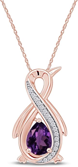 Infinity Penguin Pendant Necklace for Women, 14K Gold Over Sterling Silver with Pear & Round Cut Simulated Birthstone & White Diamond Accents, Dainty Animal Jewelry Gift with 18" Chain