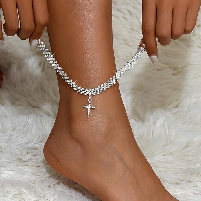 Ankle Bracelets for Women Waterproof Sparkly Anklets Tennis Rhinestone Anklets for Women Starfish Infinity Heart Cross Anklet Bracelet Beach Jewelry