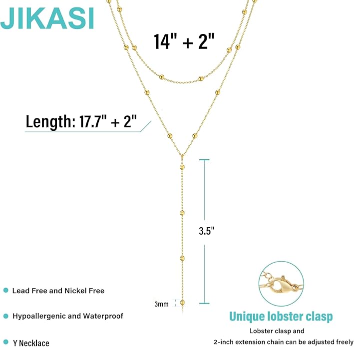 Lariat Gold Necklaces for Women Trendy Dainty Long Necklace 14k Gold Plated/Silver Layered Drop Beaded Chain Necklaces Y-shaped Pendant Necklace Simple Gold Jewelry Gifts