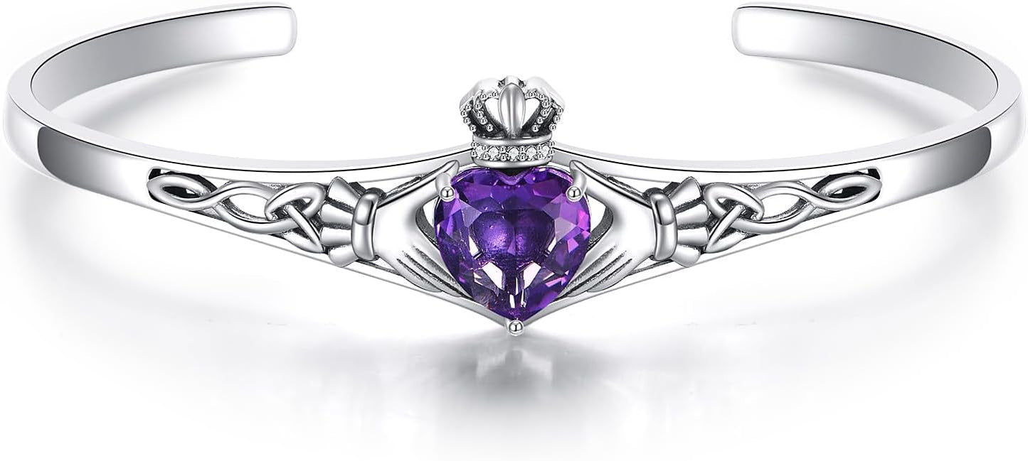 Genuine Amethyst Claddagh Cuff Bracelet for Women, 925 Sterling Silver Adjustable Celtic Knot Bangle, Irish Good Luck Friendship Gift for Her