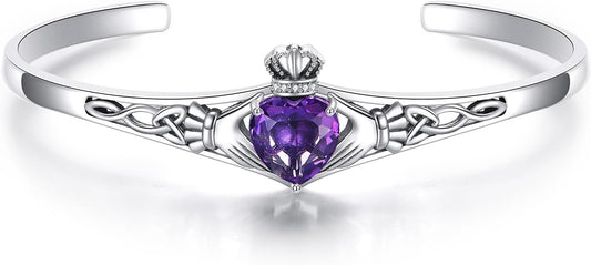 Genuine Amethyst Claddagh Cuff Bracelet for Women, 925 Sterling Silver Adjustable Celtic Knot Bangle, Irish Good Luck Friendship Gift for Her