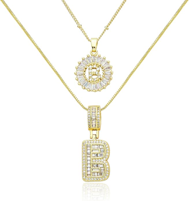 14K Gold Plated Initial Letter Pendant Necklace, Cubic Zirconia Crystal, Copper Chain
