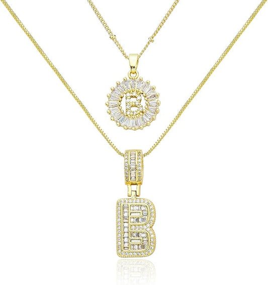 14K Gold Plated Initial Letter Pendant Necklace, Cubic Zirconia Crystal, Copper Chain