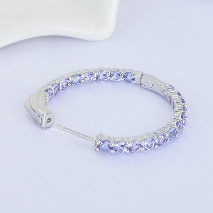 Hoop Earrings with 40 Colored Gemstones, Birthstone Earrings, 925 Sterling Silver Rhodium Plated, Push Back Closure, 1.18'